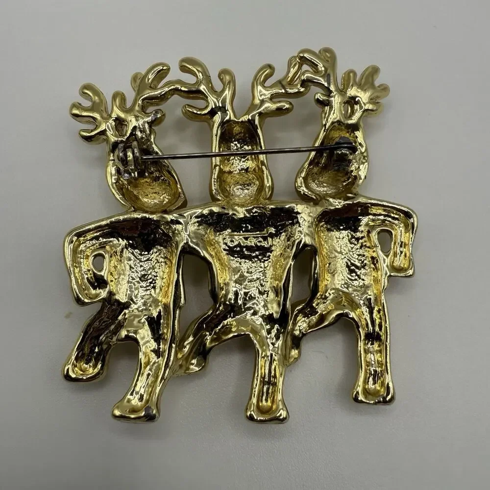 Vintage Holiday Brooch Pin Lot‎ Gold Tone Acrylic Dancing Reindeer Poinsettia